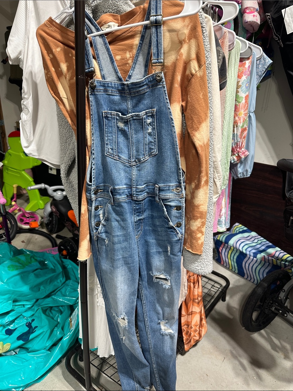 Sneak Peek Light Blue Distressed Denim Overalls